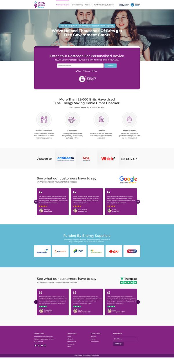 Energy Saving Genie landing page design